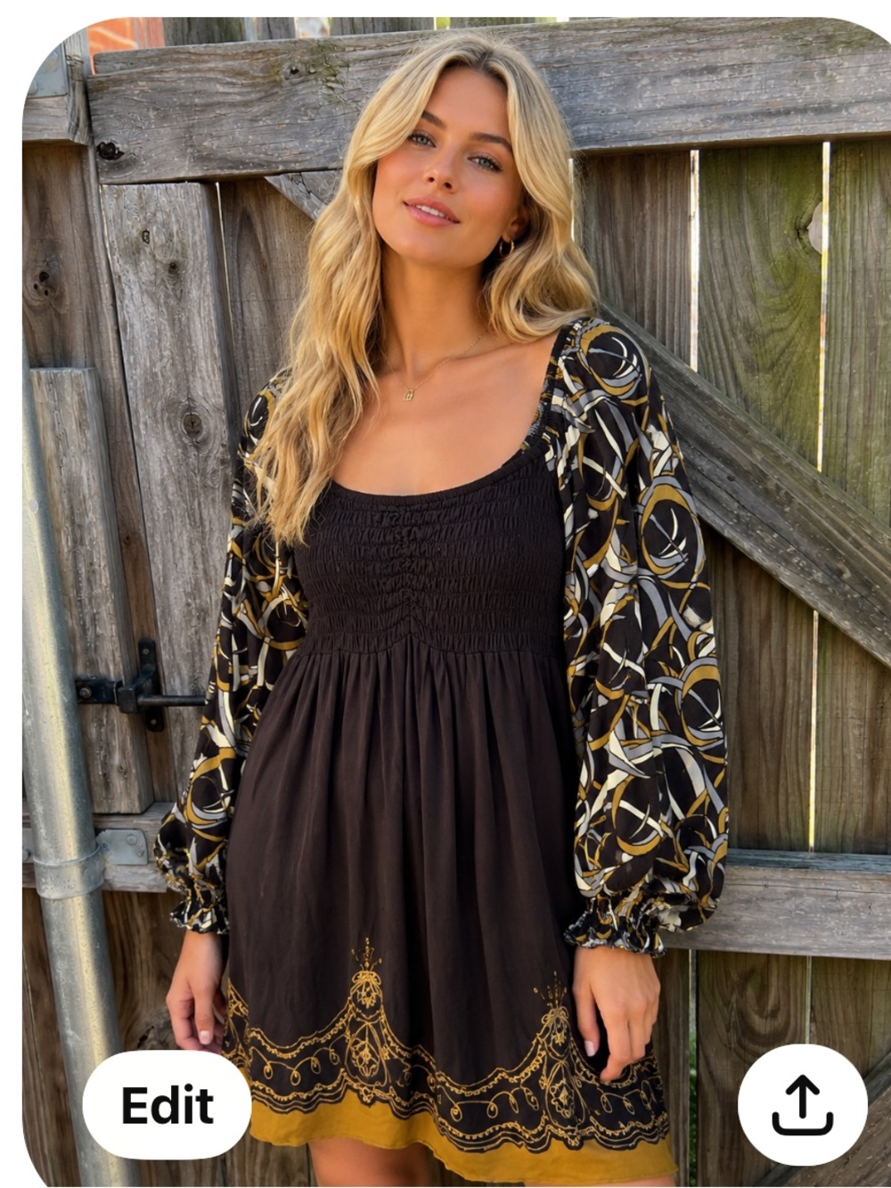👗 Krista Lee Boho Brown and Gold Puff-Sleeve Women's Dress